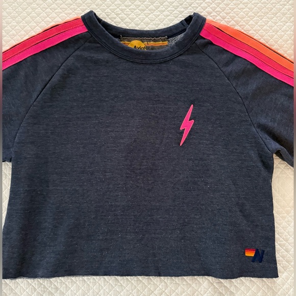 Aviator Nation Bolt Cropped Five Stripe Sweatshirt in Navy w/Neon Stripes SZ L - Picture 8 of 13